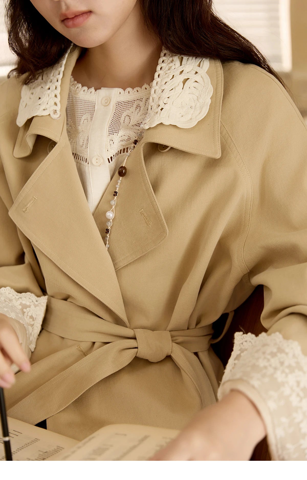 MISHOW Trench Coat Women 2025 Autumn Fashion Light Khaki Lace Long Windbreaker Jacket Long-sleeved Coat with Belt MXE45W0830