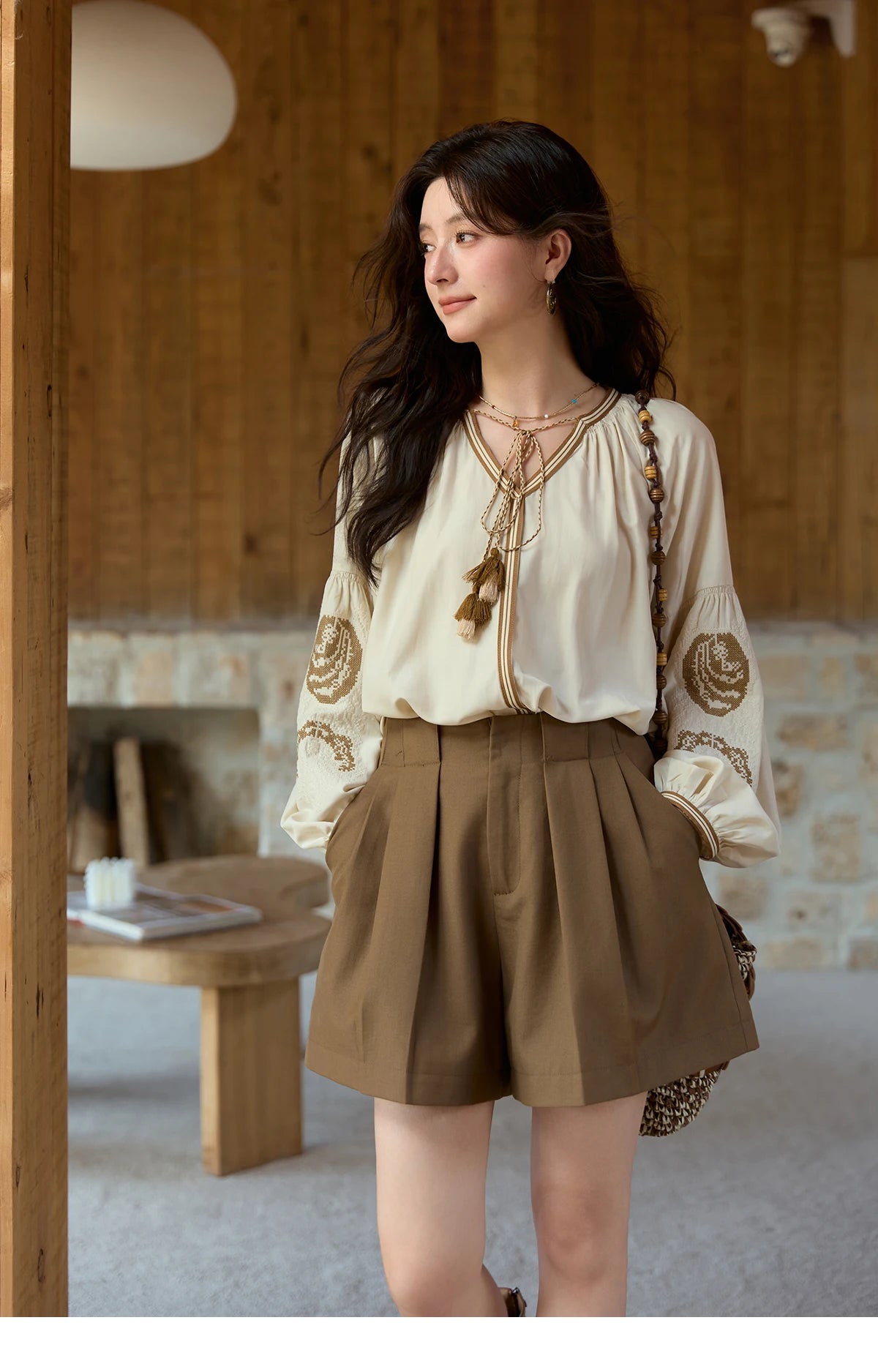 MISHOW Autumn Apricot Embroidered Blouses 2025 Contrasting Tassels Lace Up Blouses Lantern Sleeves Loose Vintage Top MXE41X1940