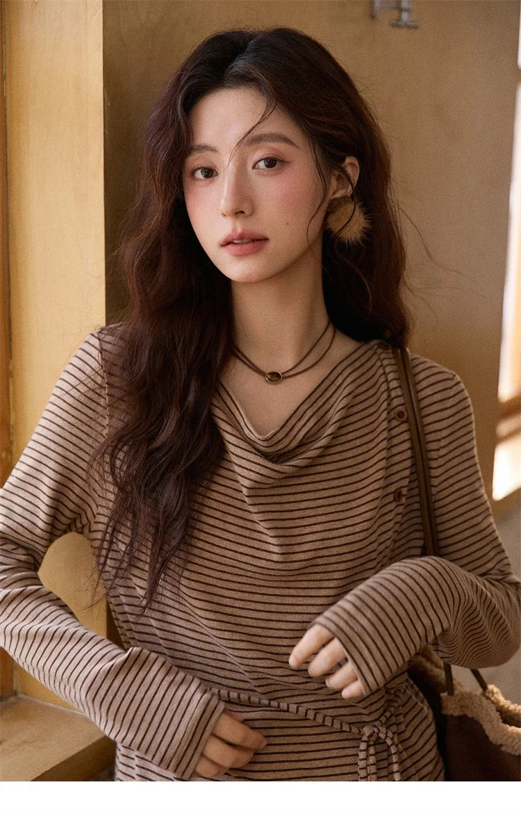 Mishow Retro Crew Neck Tie-Up Striped Top MXE87Z2700