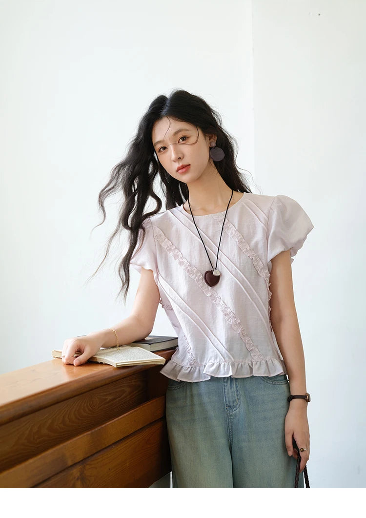 MISHOW Fashion Fungus Edge Puff Sleeve Blouses for Woman 2025 Summer O-Neck French Sweet Loose Top Ladies Clothing MXE39X1941