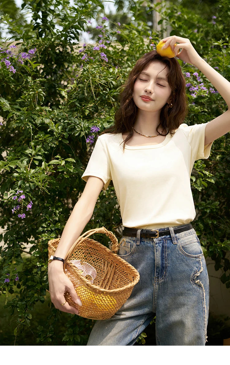 MISHOW Short Sleeve T-shirts Women Spring Solid Square-neck Top Elegant Woman Clothes Office Lady Cotton Tees MXC12T0641