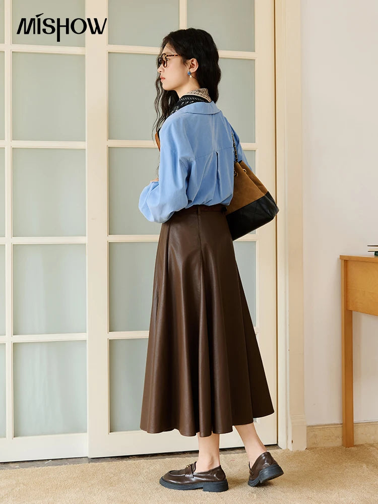 MISHOW PU Leather Skirt for Women 2025 Autumn High Waist A-line Skirt Retro Coffee Versatile Skirts Excluding Belt MXE45B2412