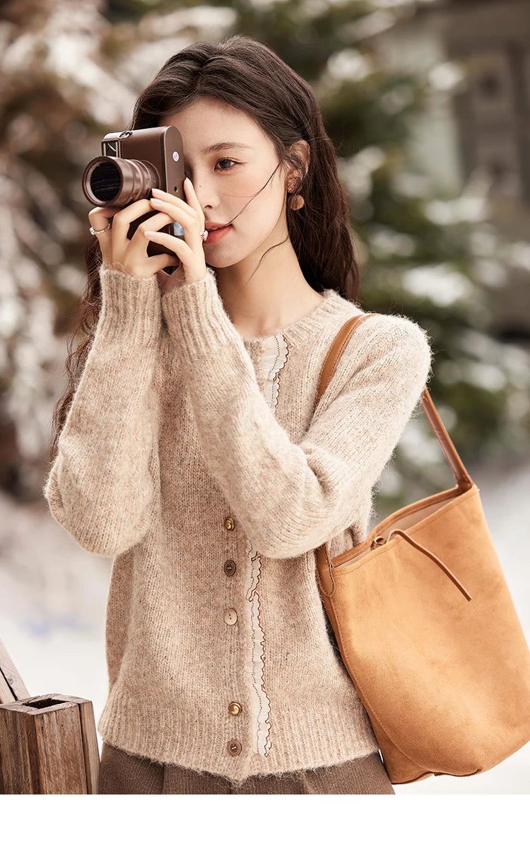 MISHOW Spliced Lace Knitted Cardigan O-Neck Sweaters Women Button Design Temperament Long Sleeved Tops Office Lady MXD58Z0998