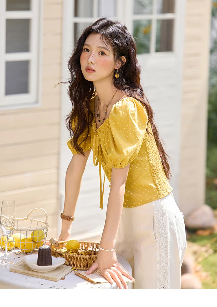 MISHOW Yellow Polka Dot One Shoulder Blouses for Women Summer 2025 Back Elastic Vintage 100 Cotton Top Lace-up Blouse MXE35X1840