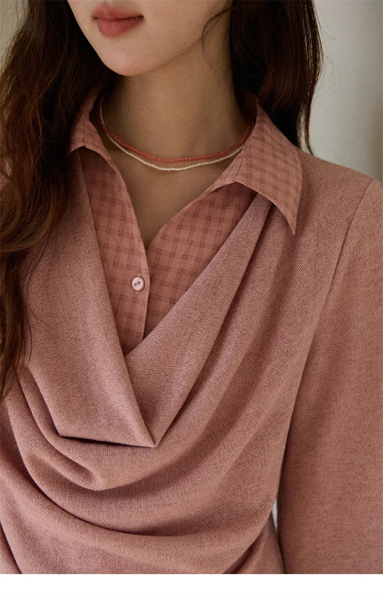 MISHOW Women Knit Top 2025 Winter Faux Two-piece Pullovers Retro Plaid Patchwork Draped Collar Luxury Design Pink Top MXE87Z2747