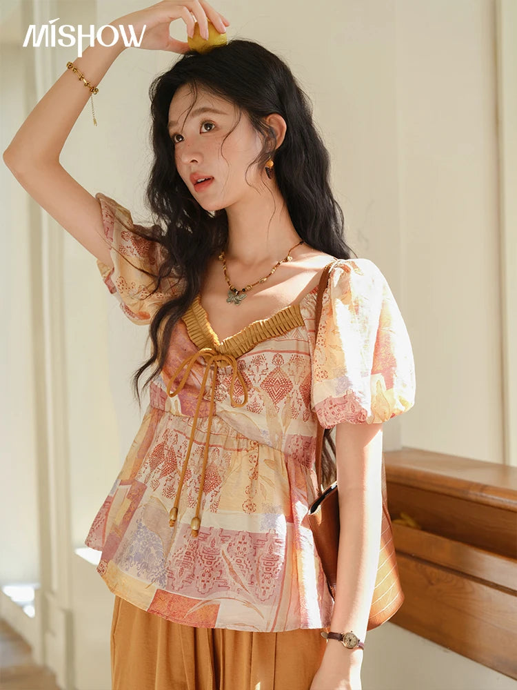 MISHOW V-neck Lace Up Patchwork Blouses for Woman 2025 Summer New Ladies Puff Sleeve Print Loose Top Female Clothing MXE38X1911