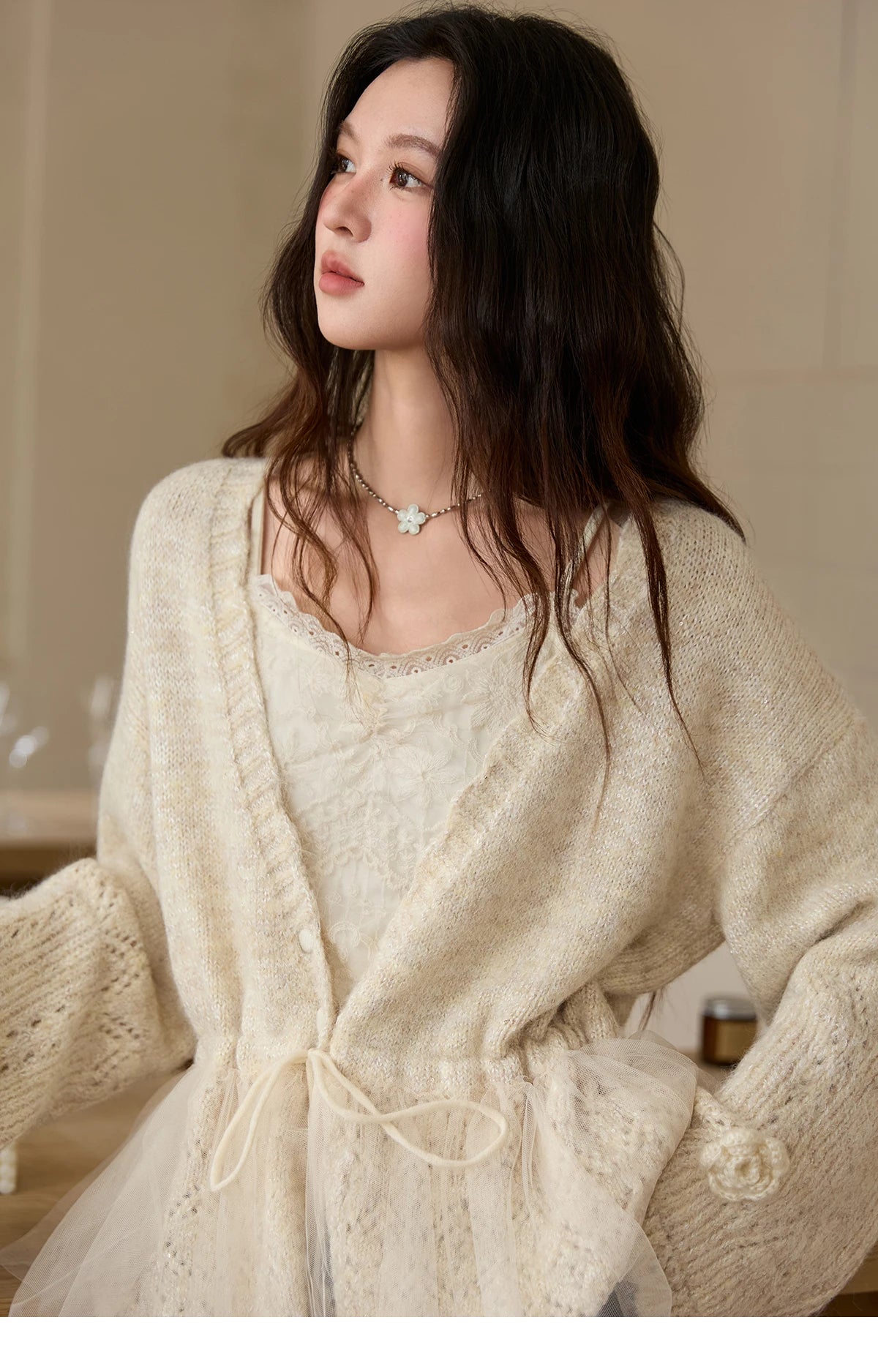 MISHOW Apricot Mesh Stitching Knit Cardigan for Woman Fashion Drawstring Waist Three-dimensional Flower Loose Sweater MXE88Z2707