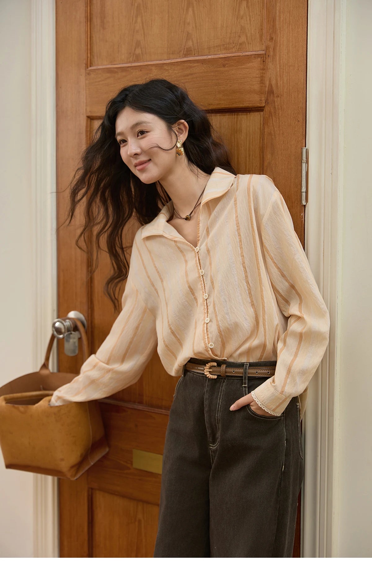 MISHOW Women's Korean Orange Stripe Linen Shirt 2025 Autumn Lapel Collar Lace Trim Cuffs Breathable Shirt Office Lady MXE43C2379