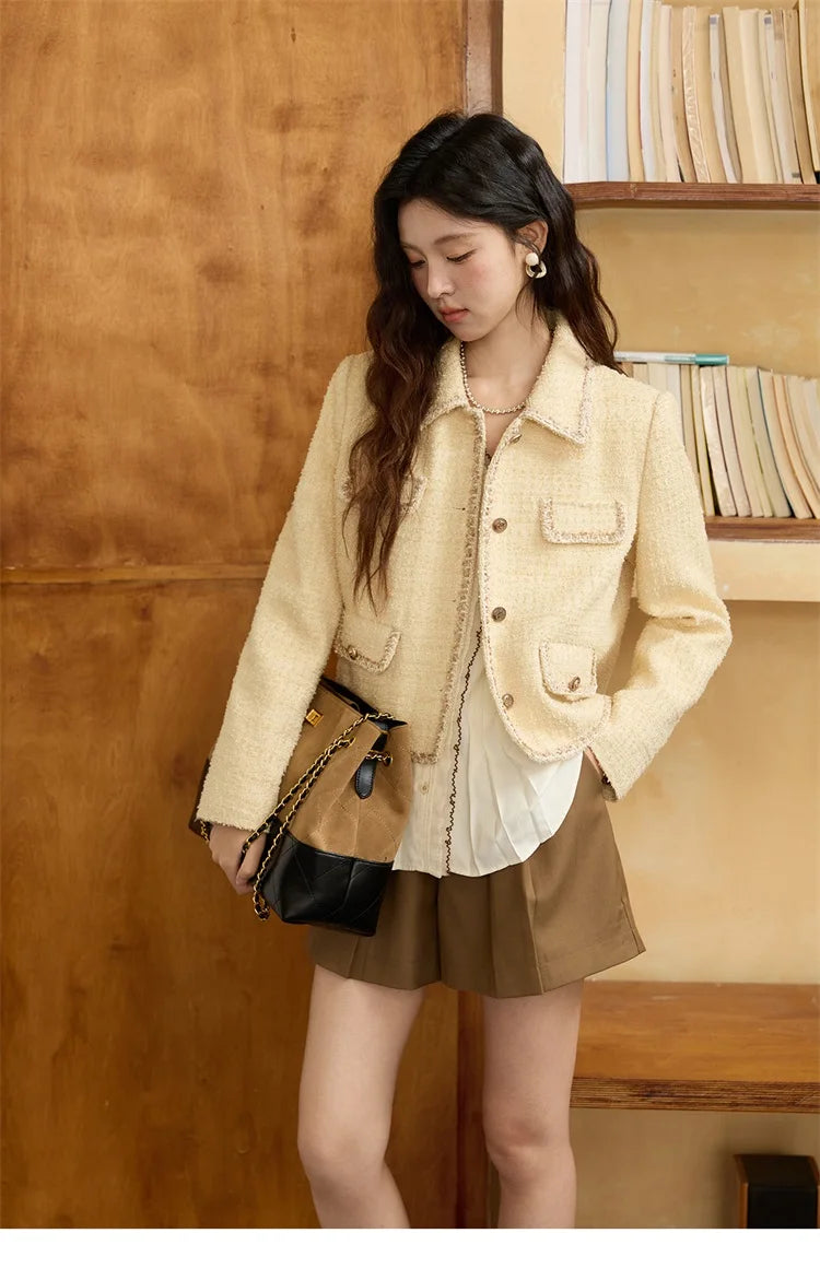 MISHOW Women's Fragrant Tweed Coat 2025 Autumn Retro Woven Short Top Metal button single breasted Lapel Commute Coats MXE46W0837