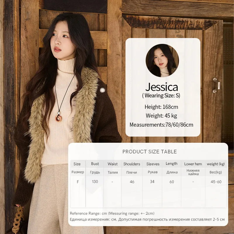 MISHOW Women's Brown Knitted Cardigan 2025 Winter Faux Fur Collar Batwing Sleeve Tops Warm Loose Outerwear Beltless MXE94Z2954