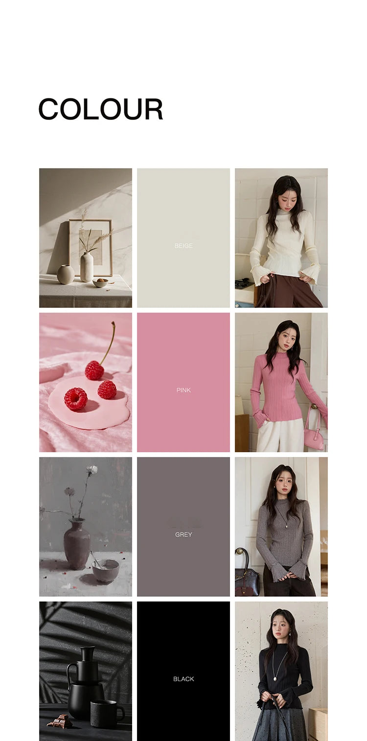 MISHOW Women's Long Sleeve Top 2025 Autumn New Casual Solid Turtleneck Slim Knit Wood Ear Edge Trumpet Sleeve Top MXE51Z2552