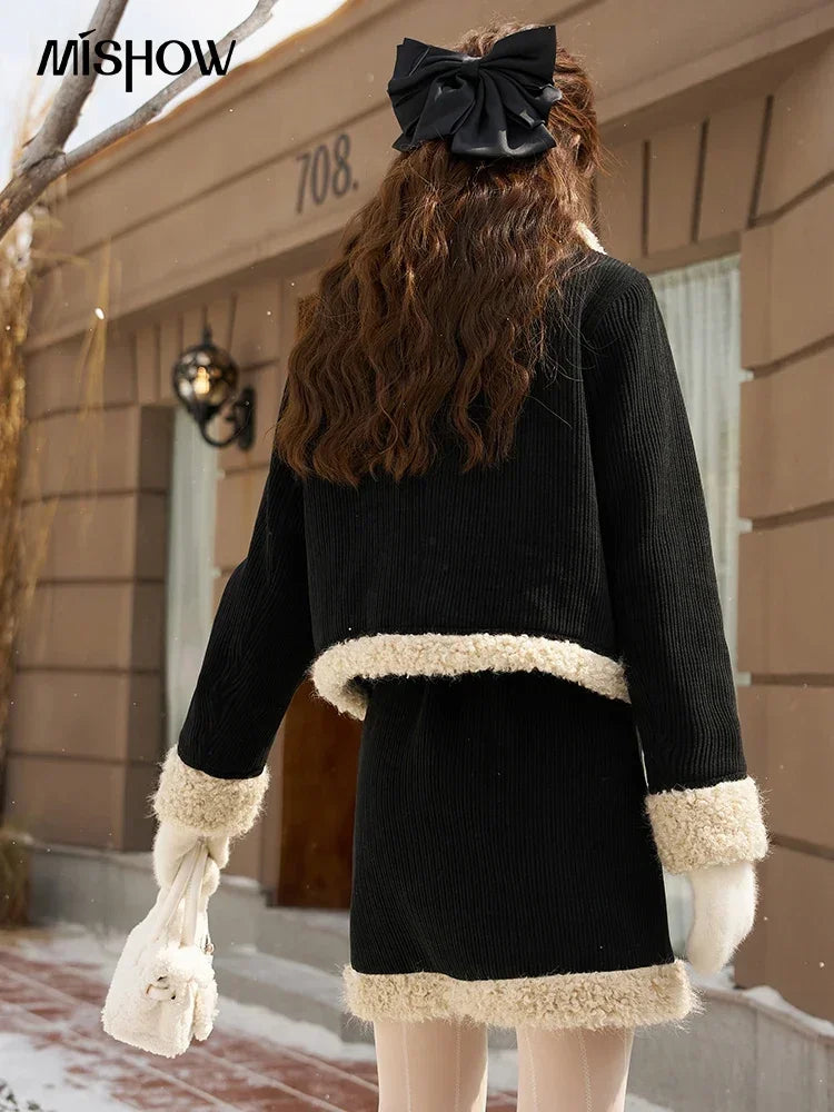 MISHOW French Corduroy Skirt for Women Outfit Winter Warm High Quality Plush Patchwork Jacket Mini Skirt Separately MXC57W0180