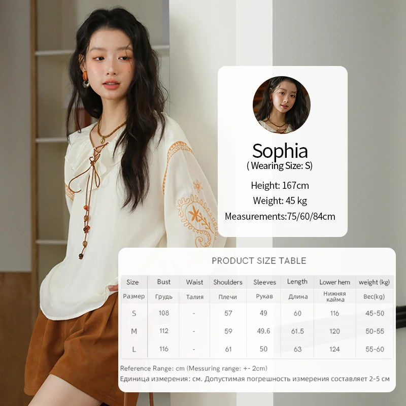 MISHOW Cashew Flower Embroidered Blouse Autumn 2025 Ruffle V-neck Lace Up Tops 100 Lyocell Lantern Sleeves Blouses MXE43X1987