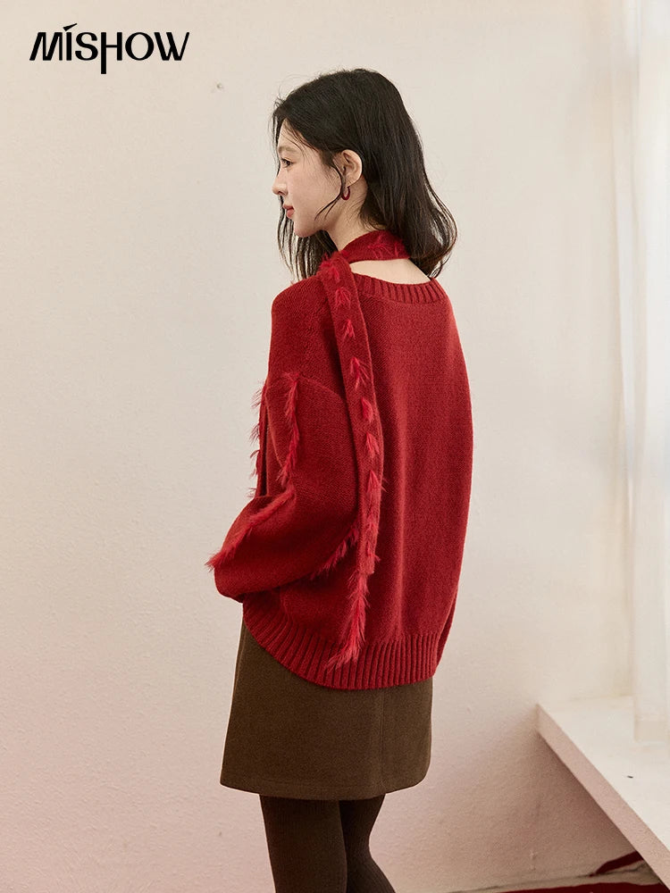 MISHOW Christmas Knitted Sweater Women 2025 Winter Burgundy V-neck Loose Tops Mink Fur Tassel with Scarf Tie Sweaters MXE93Z2809