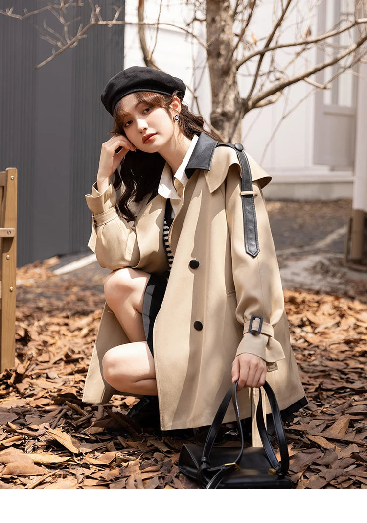 MISHOW Trench Coats for Women Autumn Korean Office Lady Polo Collar Patchwork Long Mid-length Jacket Female Outerwear MXB33W0399