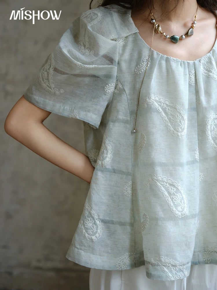 MISHOW O-Neck Blouse for Women 2025 Summer New Fashion Print Embroidery Puff Sleeve Loose Casual Top Ladies Clothing MXE34X1807