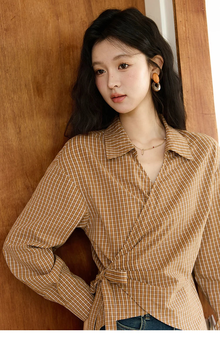 MISHOW Women's 100 Cotton Dark Orange Plaid Shirt Autumn Design Side Waist Lace-up Long Sleeved Shirts Office Lady MXE46X2494