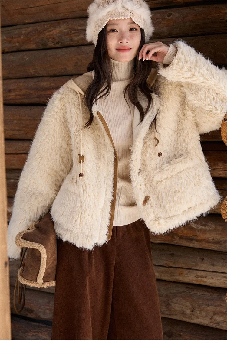 MISHOW Winter Jacket Women 2025 Fashion Beige Knitted Hooded Plush Coat Casual Commute Warm Windproof Short Coat MXE86W0908