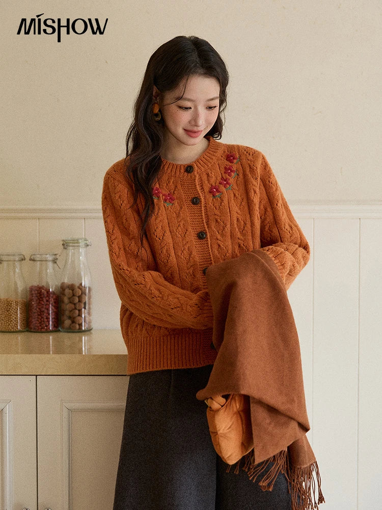 MISHOW Cardigan Woman 2025 Winter Fashion Orange Cable Knit Cardigan Floral Embroidery Retro O-neck Thick Knit Top MXE86Z2737