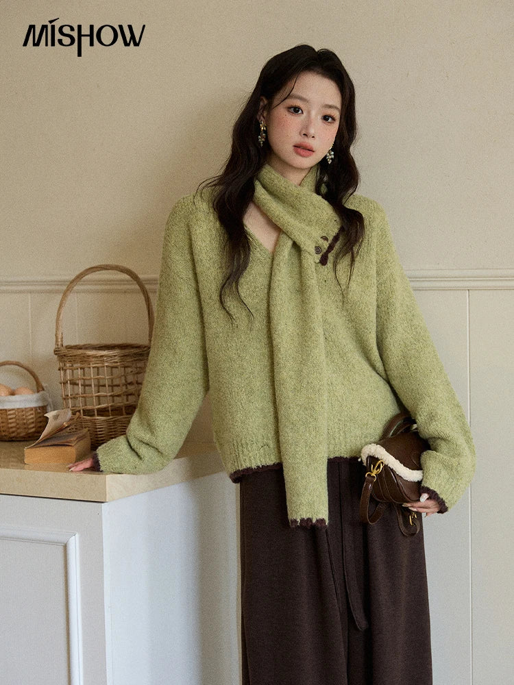 MISHOW Woman Green Detachable Scarf Sweater 2025 Winter Fashion V-neck Long Sleeves Thick Knit Pullovers Casual Top MXE90Z2791