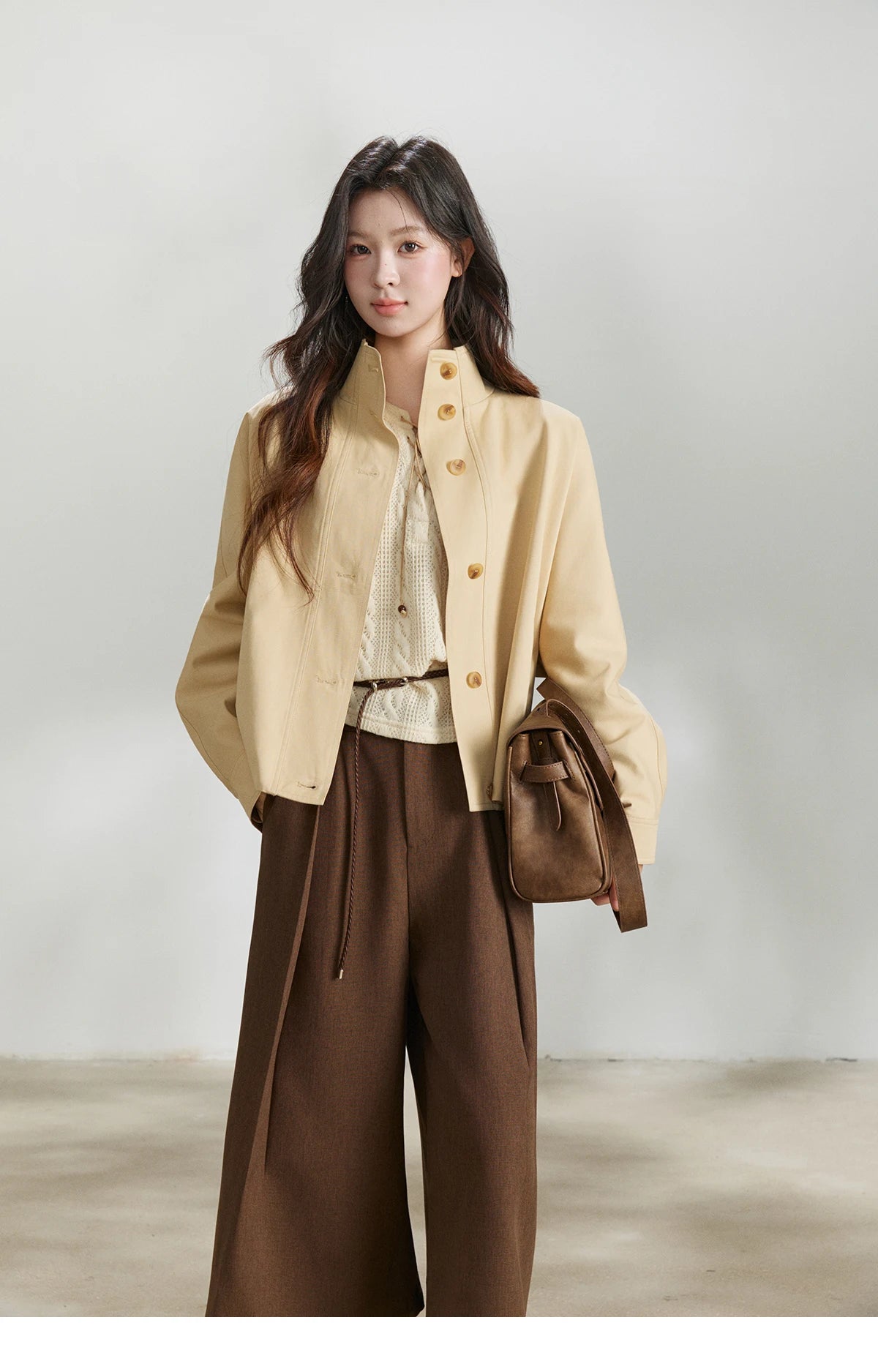 MISHOW Women's Khaki Cropped Trench Coat Spring Lapel Stand Collar Coats Removable Plaid Cap Casual Loose Jacket MXF108W1003