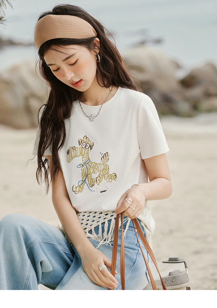 MISHOW Print Women‘s Summer T-shirts 2025 Short Sleeve Round Neck Loose Design Shirt Female Slim Embroidery Tops Lady MXE31T0550