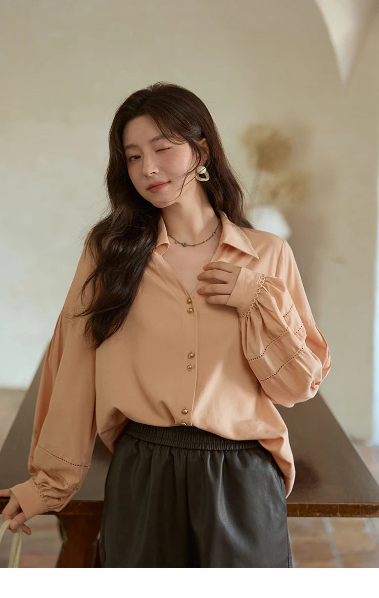 MISHOW Women's Shirt Lantern Sleeve Hollow Out Tops 2025 Autumn Single Breasted Solid Shirts Lapel Shirt Office Lady MXE41C2359