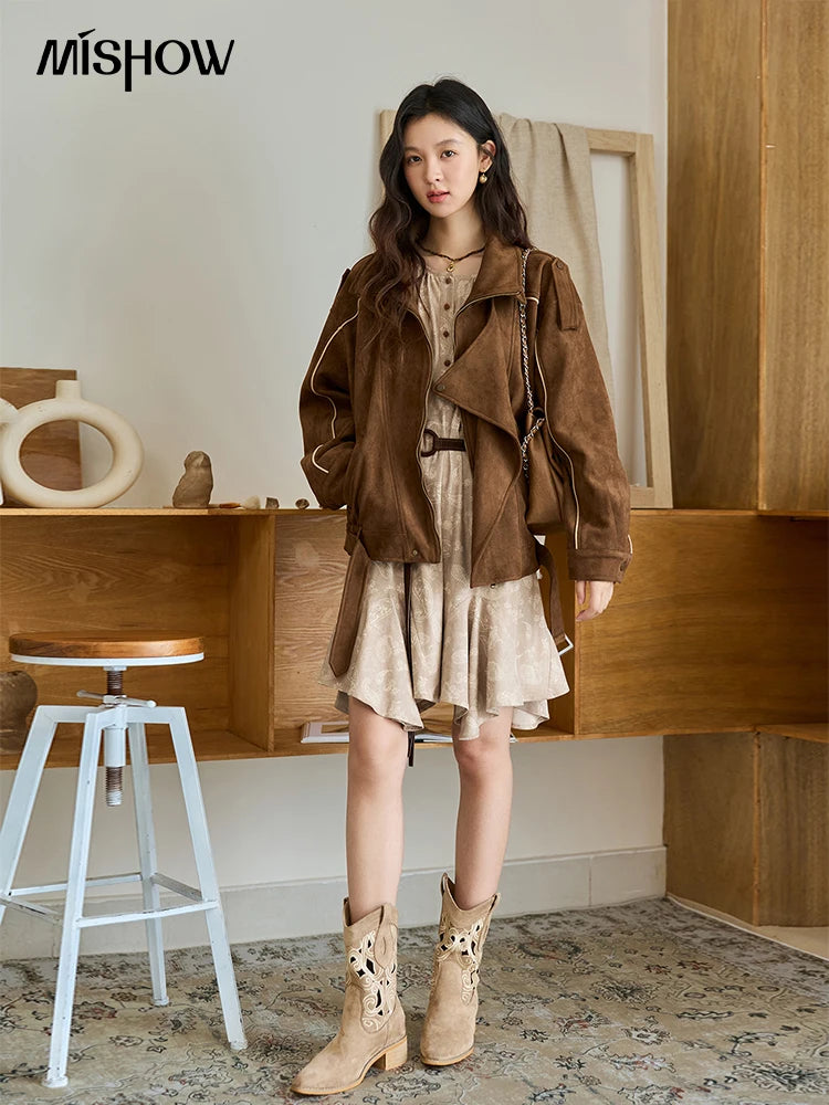 MISHOW Woman Retro Jacket 2025 New Split Turn Down Collar Brown Suede Short Loose Coat Commute Autumn Women Clothing MXE48W0850