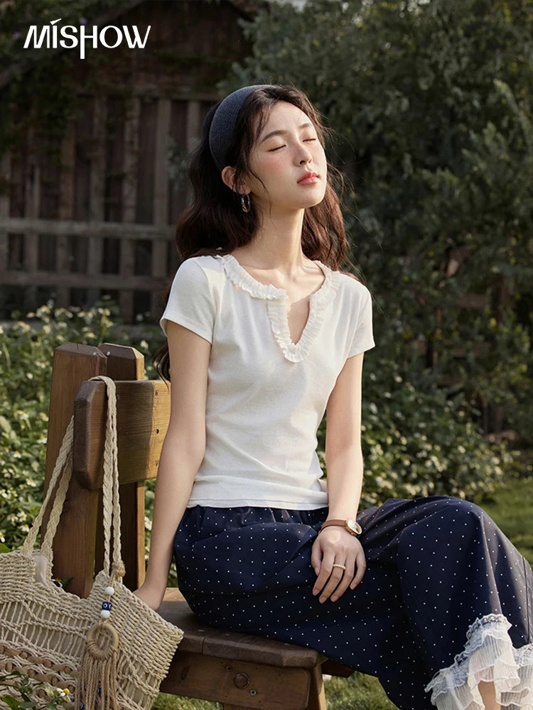 MISHOW Casual Summer T-shirts Women New 2025 Short Sleeve V-neck Solid Straight Shoulder Slimming Shirt Female Thin MXE35T0562