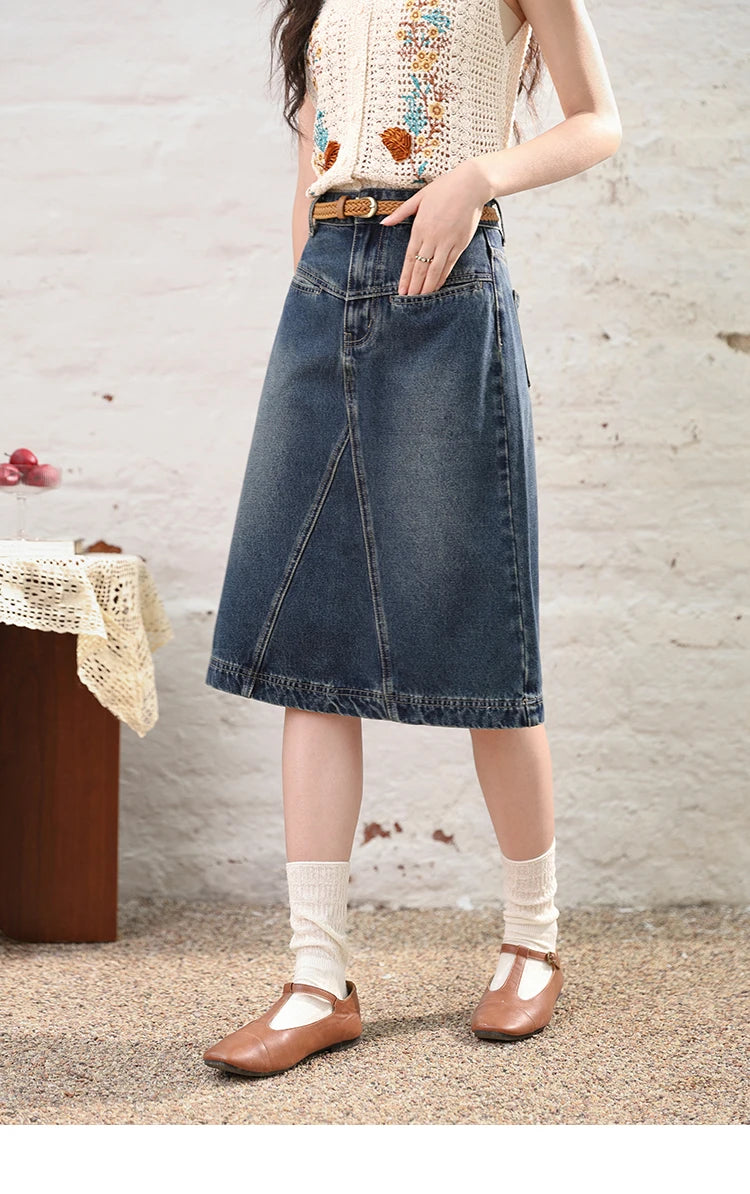 MISHOW Denim Fishtail Skirt 2024 Summer Retro Casual Love Embroidered Pockets Skirt A-line Umbrella Knee-Length Skirt MXD28B0414