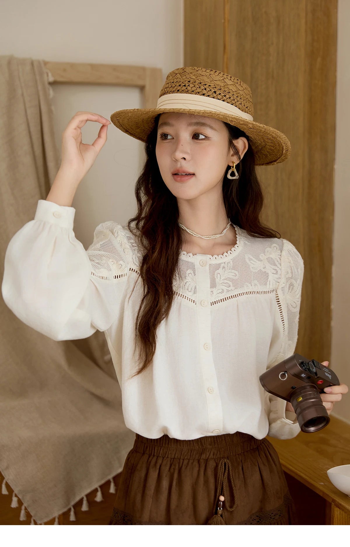 MISHOW Women's Beige Hollow Out Embroidery Shirt Autumn French Elegant Long Sleeve O-Neck Shirts Retro Commute Tops MXE44X2498