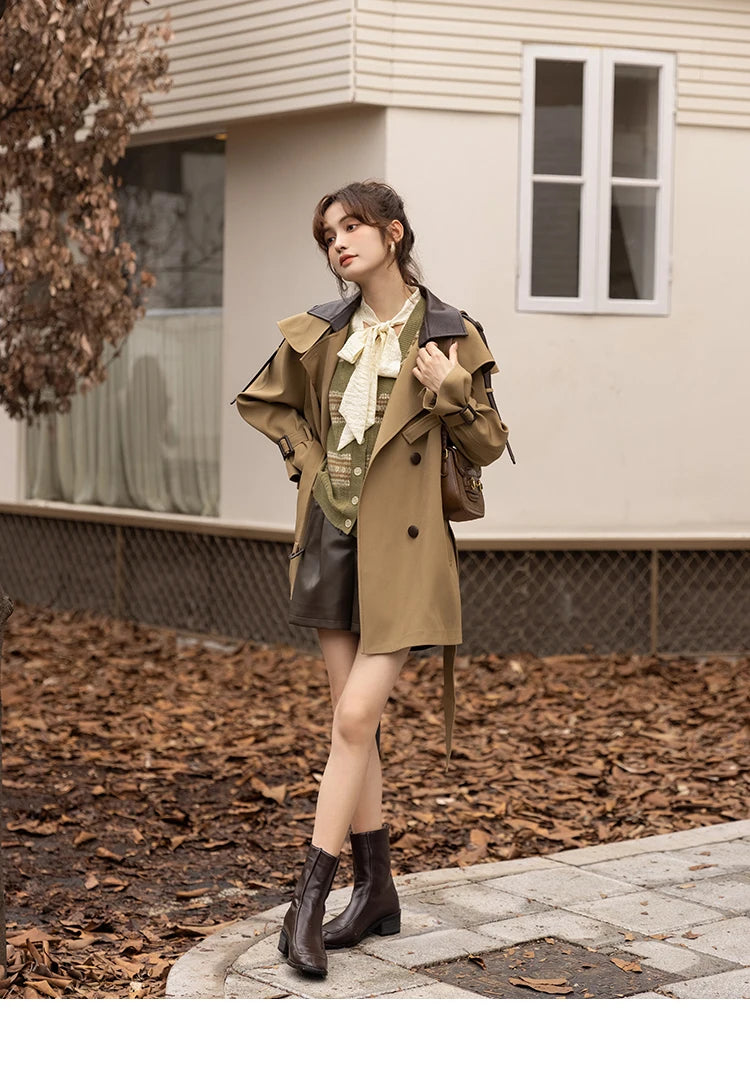 MISHOW Trench Coats for Women Autumn Korean Office Lady Polo Collar Patchwork Long Mid-length Jacket Female Outerwear MXB33W0399