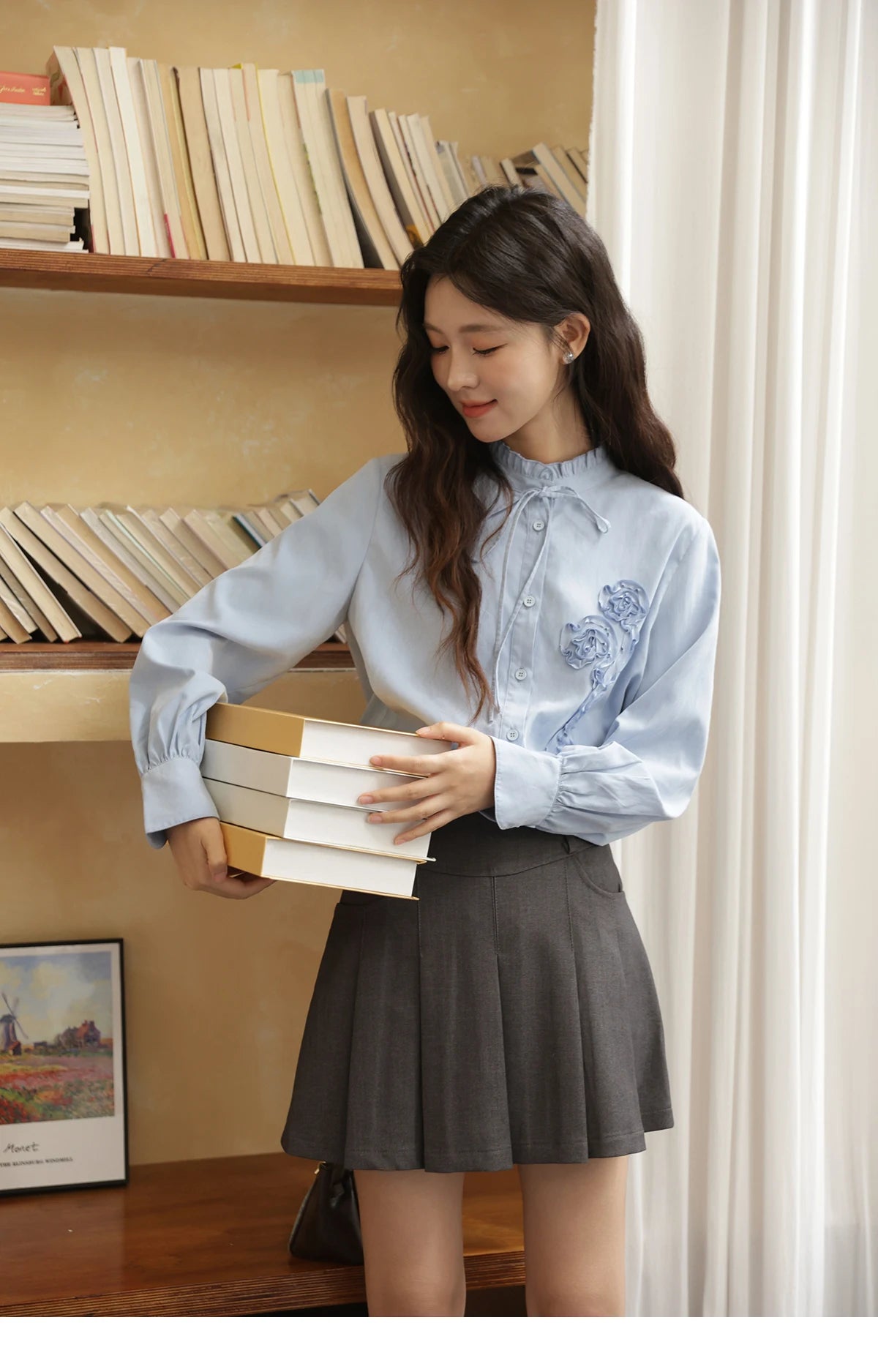 MISHOW Coiled Flowers Embroidered Blue Shirt for Women Autumn 2025 Stand Neck Lace-up Brushed Shirts Office Lady MXE44C2398