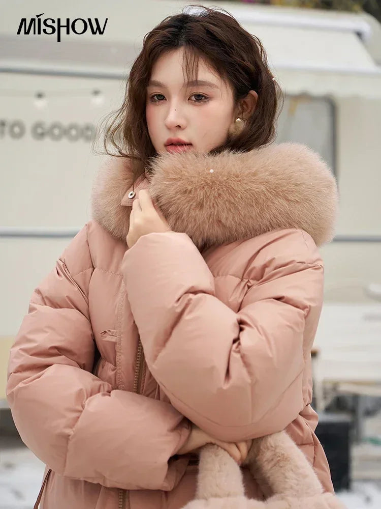 MISHOW Women's Winter Fur Collar Down Jacket 2024 Fashion Loose High Quality Hooded Short Down Coats Zipper Outwear MXC55Y0020