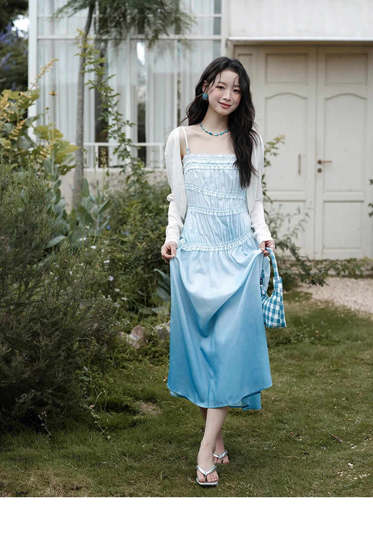 MISHOW Female Fashion Gradient Strap Dress 2025 Summer Sleeveless Black Fungal Edge Sashes Women's Vacation Dresses MXE34L2242