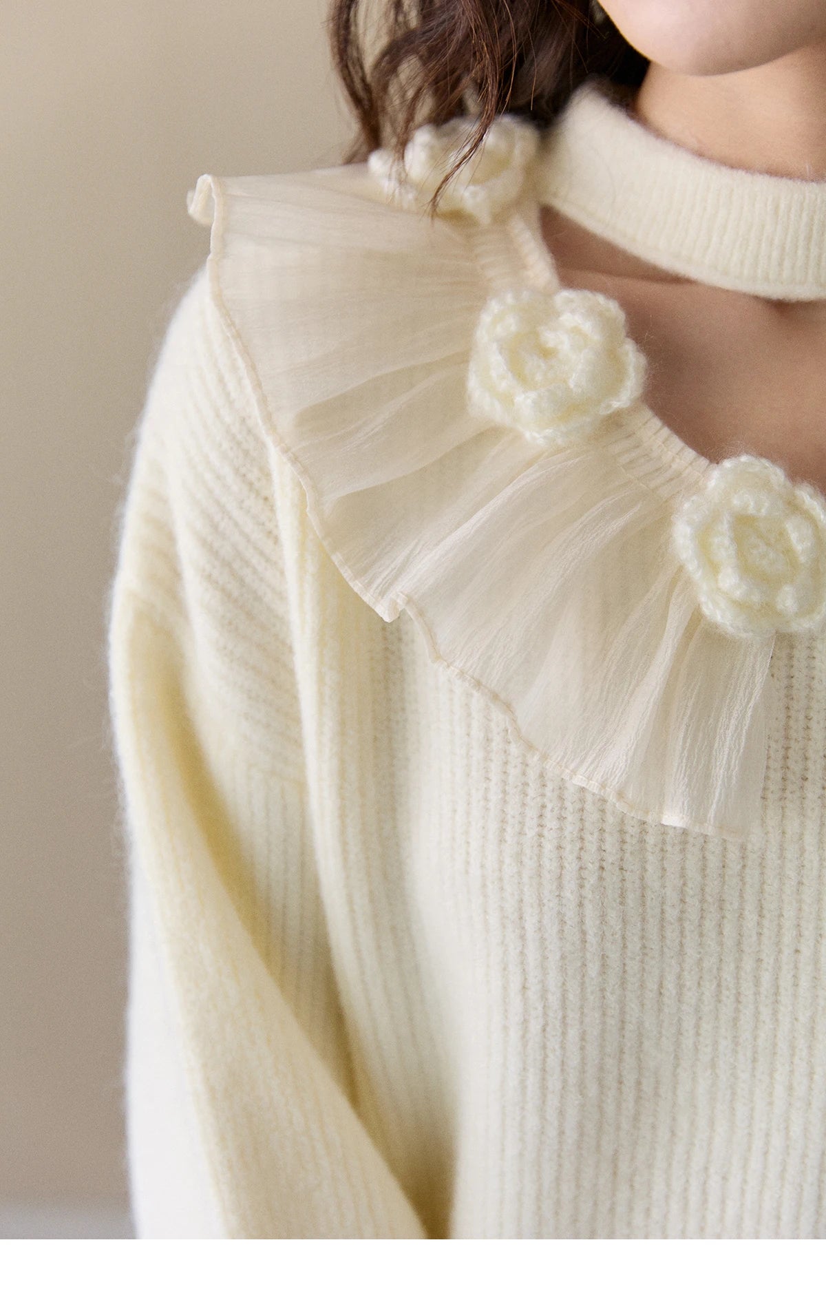 MISHOW Women's Cutout Neck Knitted Sweater 2025 Winter Ruffle Flower Decor Dropped Lantern Sleeves Pullover Tops MXE94Z2982