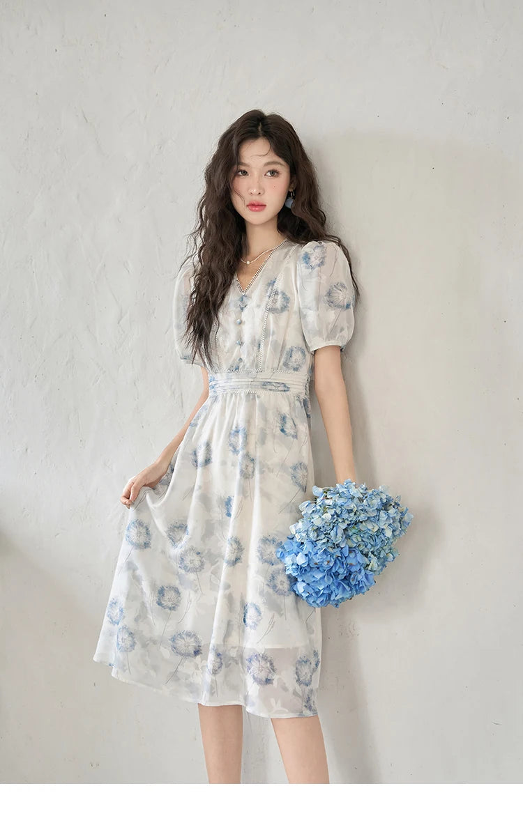 MISHOW 【Taraxacum Series】Chiffon Dress for Women 2023 Summer French Taraxacum Printing V-neck Waist Puff Sleeve Dress MXC39L1555