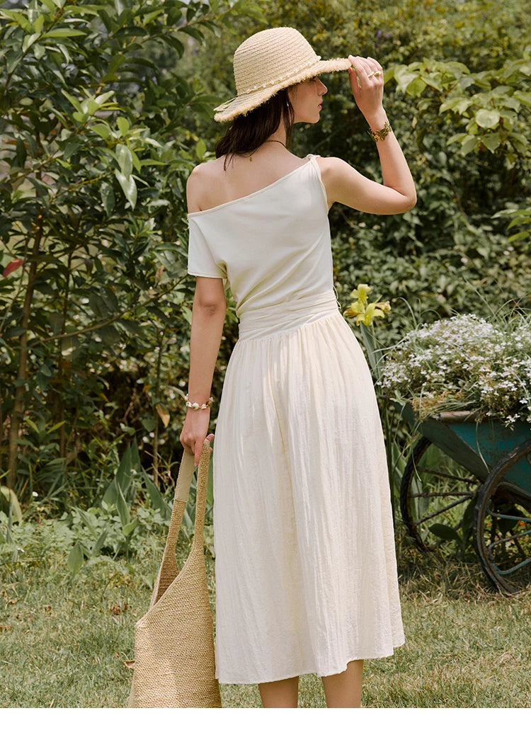 MISHOW Holiday Summer Dresses Women 2025 New Short Sleeve Shell Webbing Oblique Collar Slim Midi Dress Female Fashion MXE31L2189