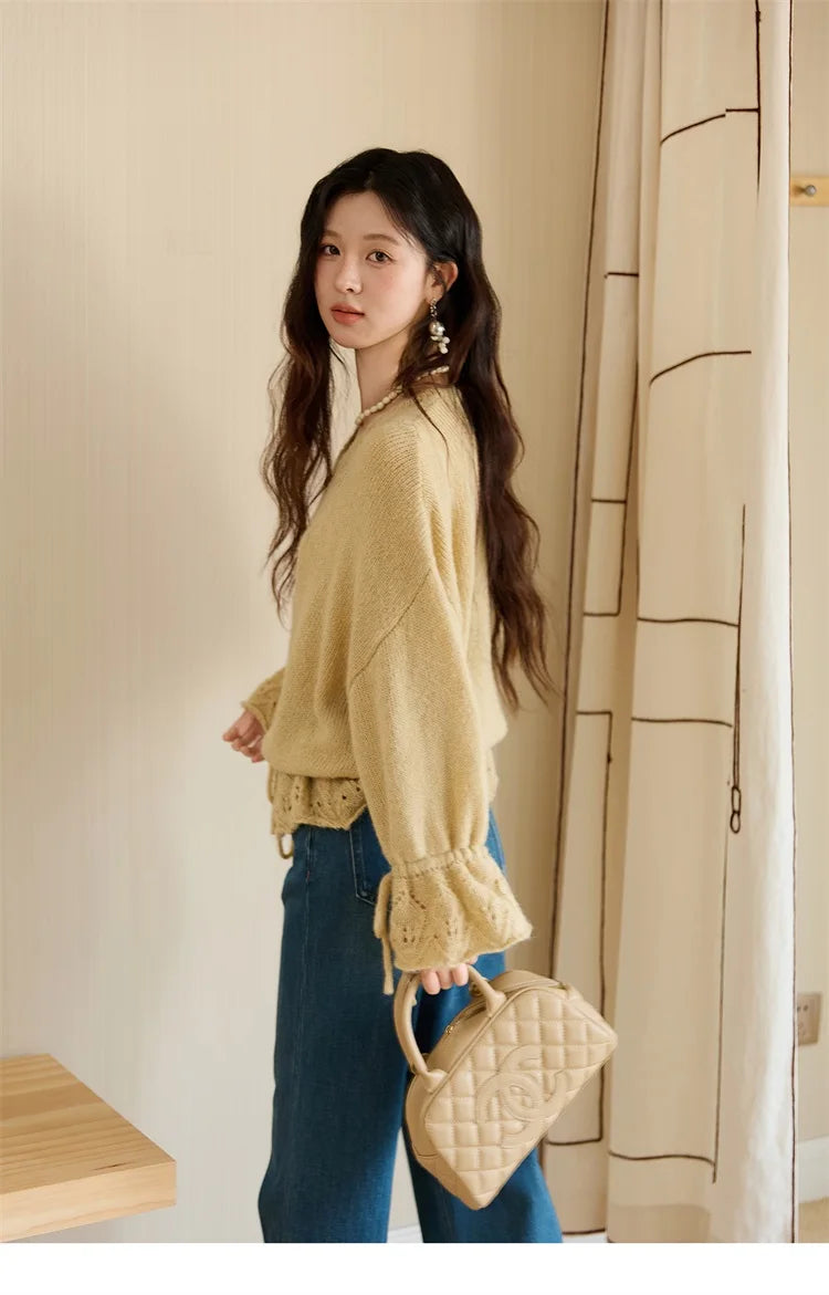 MISHOW Handmade Crochet Sweater Cardigan Autumn Mohair Flare Sleeve Knitted Tops Wave V-neck Lace-up Waist Sweater MXE47Z2513
