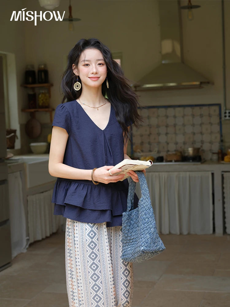 MISHOW Women's Two Piece Set 2025 Summer Spliced Lotus Leaf Edge V-neck Blouse Fashion Geometric Wide Leg Pants Set MXE39T0670