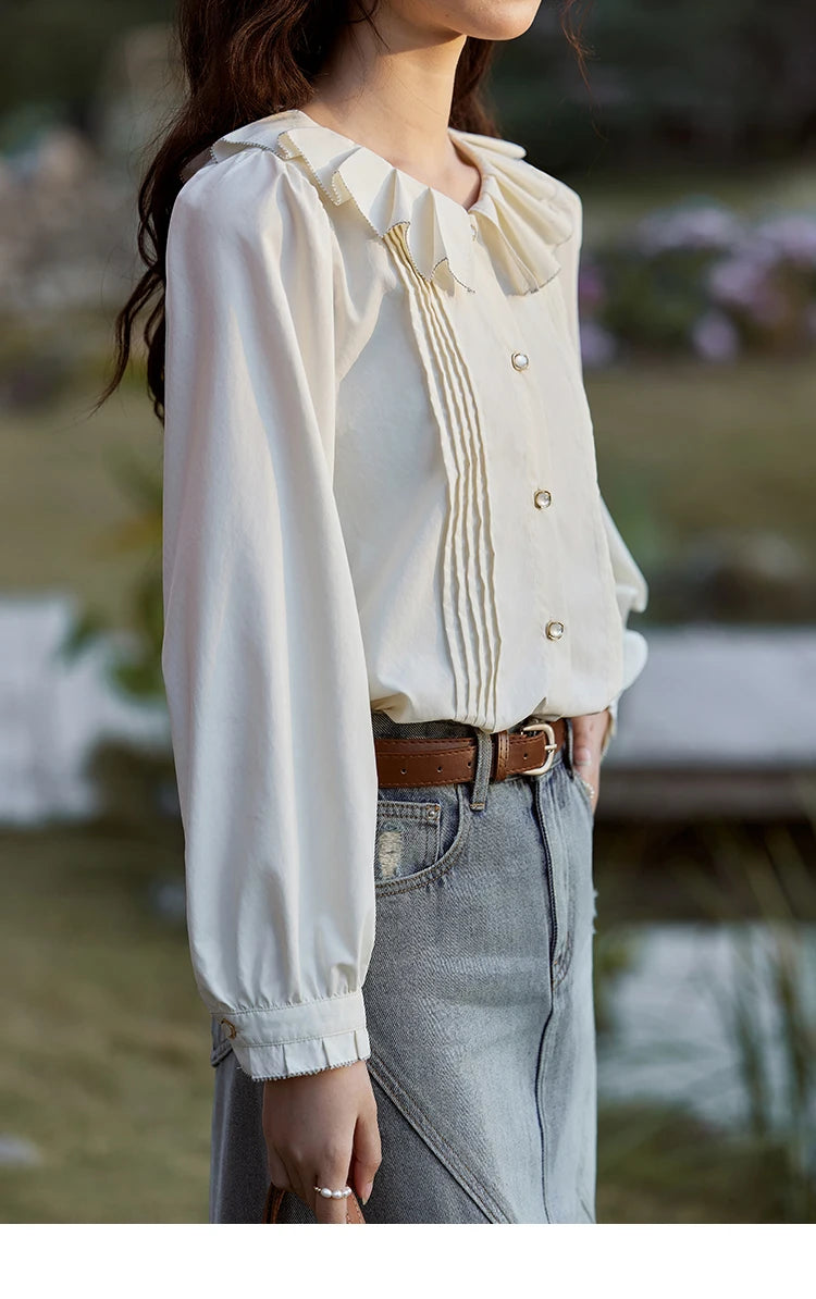 MISHOW French Tucker Pleats Doll Neck Shirt for Women 2025 Spring Straight Shirt Ruffled O Neck Shirts Office Lady MXE12C0401