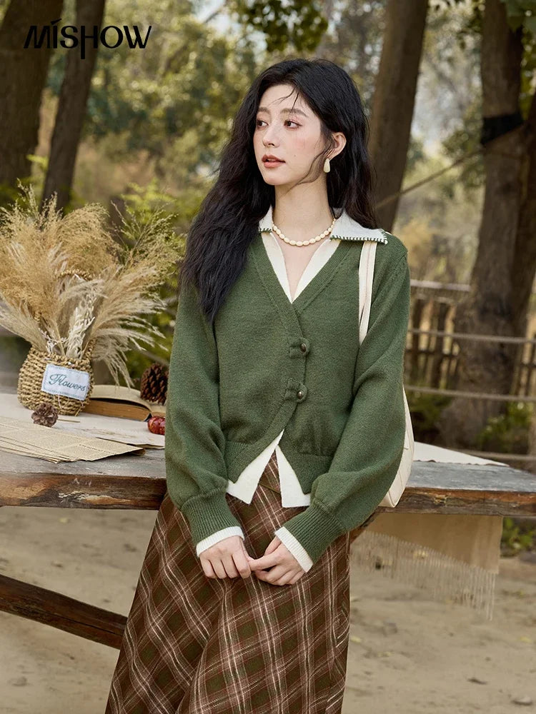 MISHOW Fake Two-piece Sweater Women Fashion Splicing Lapel Knitwear 2024 fall winter New Design Retro V-neck Cardigan MXD41Z0712