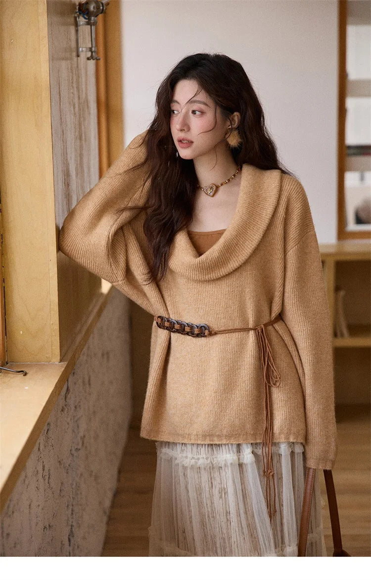 MISHOW Women's Orange Sweater 2025 Winter French Style Luxury Loose Long-sleeved Sweater Vest Belt Three-piece Set MXE86T1437