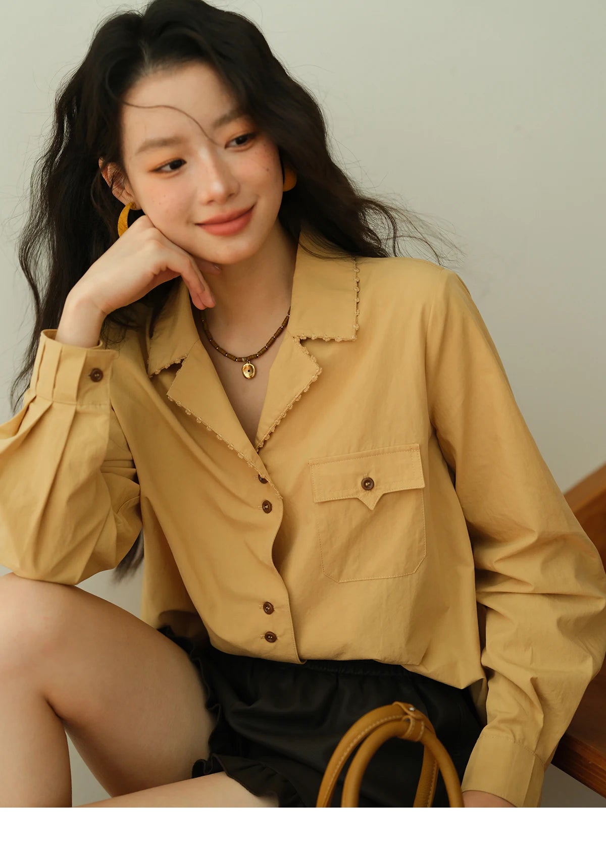 MISHOW Women's Retro Yellow Lapel Cotton Shirt 2025 Autumn Loose Casual Top Contrasting Button with Pocket Shirts MXE41C2356