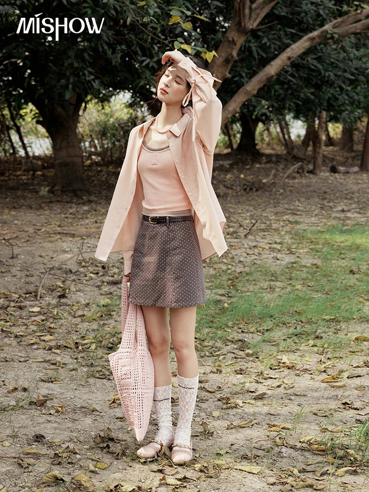 MISHOW Pink Long Sleeve Shirt for Women Spring 2025 Korean Splicing Lace Bow Tie Shirt Polo-neck Solid Versatile Tops MXE16C0767