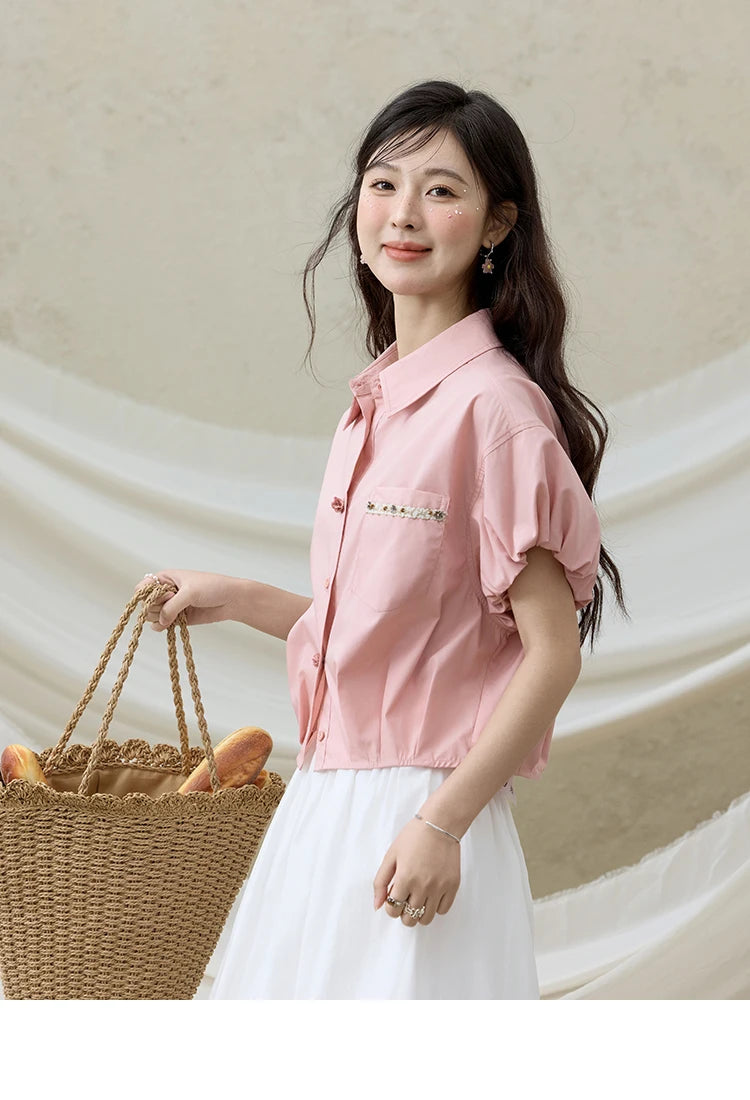 MISHOW Casual Summer Blouses Women 2025 New Short Puff Sleeve Turn Down Collar Shirt Female Fashion Shell Ribbon Tops MXE33C0773