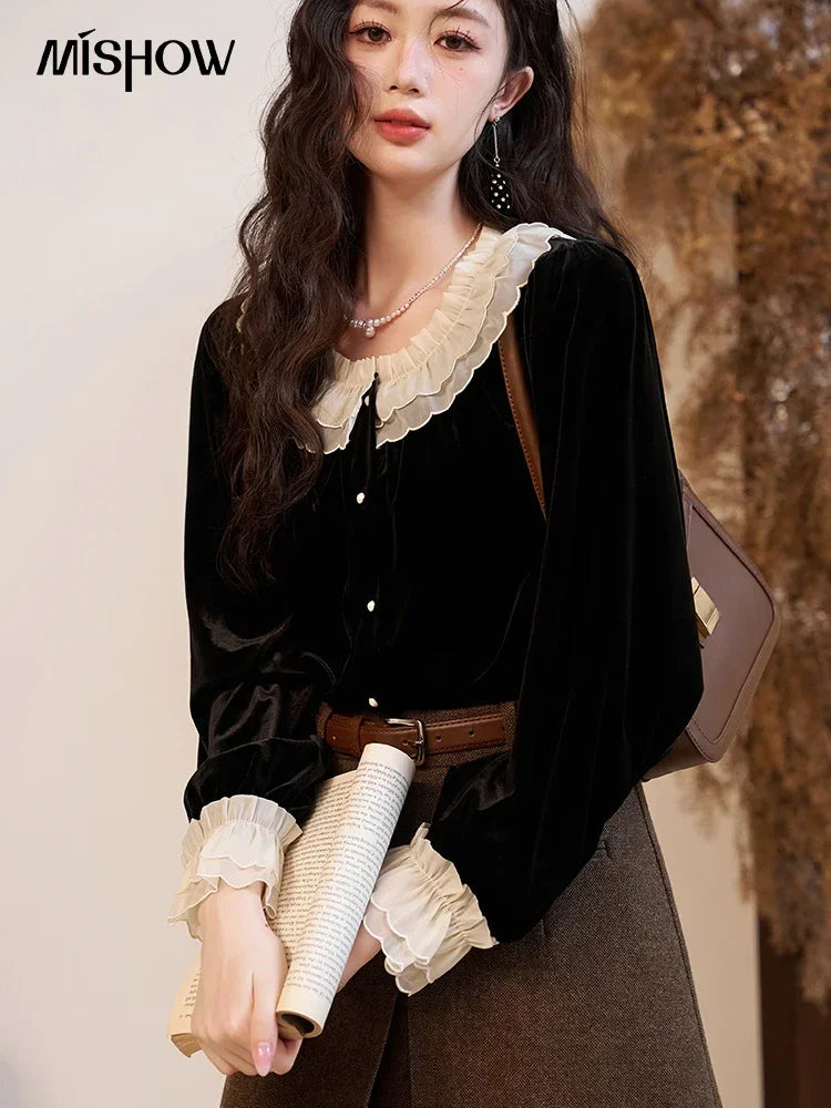 MISHOW French Retro Velvet Blouses for Women 2025 Autumn Winter Button Down O Neck Korean Long Sleeve Shirt Tops MXC51X1323