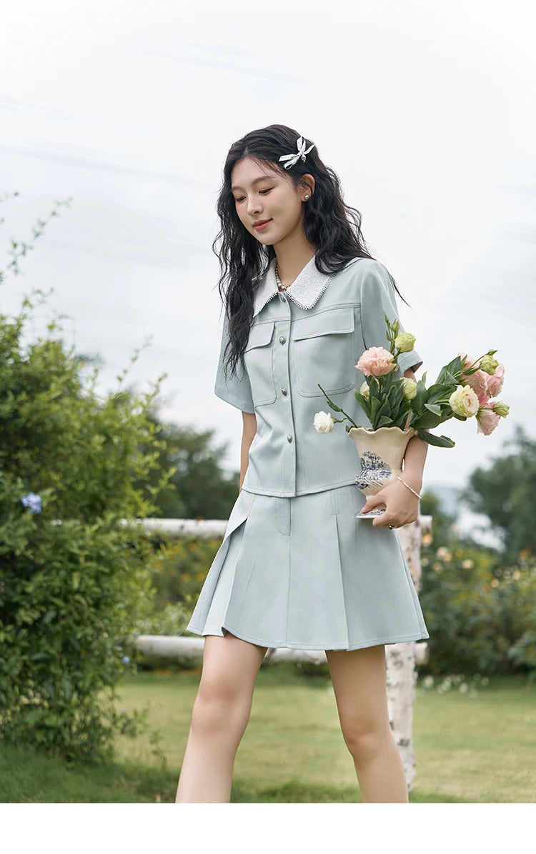 MISHOW French Fragrance Top Pleated Skirt Separately 2024 Lapel Neck Single Breasted Shirt High Waist A-line Skirts MXD24C0201