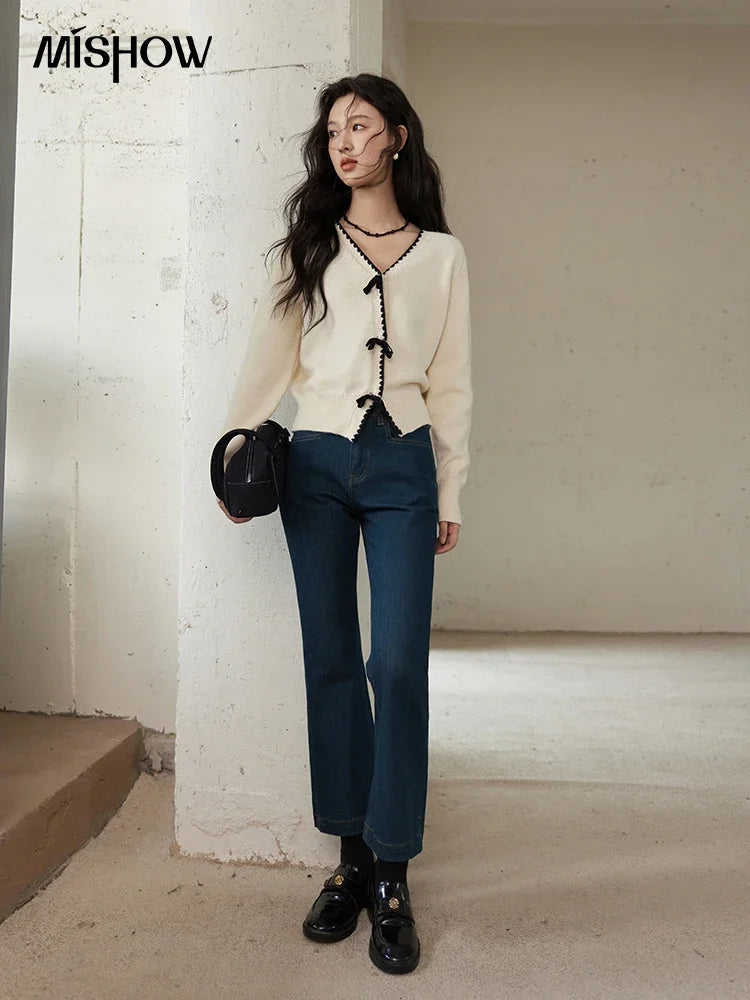MISHOW Simple Knitted Cardigan Women V-Neck Single Breasted Bow Sweater Jacket Elegant French Long Sleeve Knitted Top MXD34Z0938