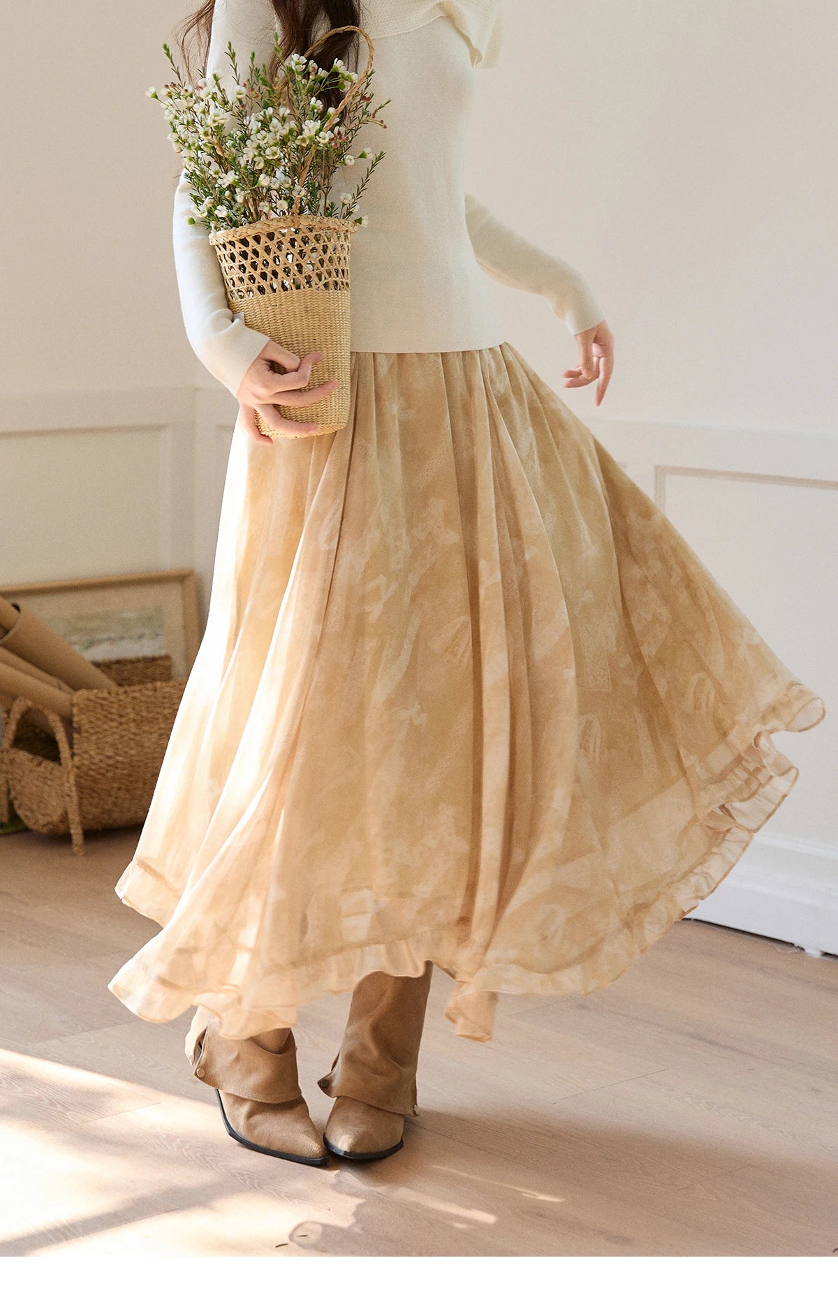 MISHOW Women's Beige Chiffon Maxi Skirt 2026 Spring Floral Print High Waist Ruffled Asymmetrical Casual Long Skirts MXF11B2463